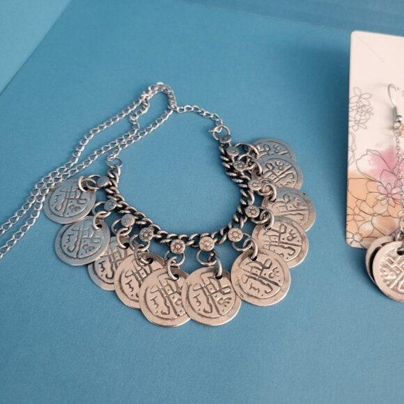 3 Pc Vintage Estate Belly Dancer Coin Chain Upcycled Necklace Bracelet, Earrings - Picture 2 of 16